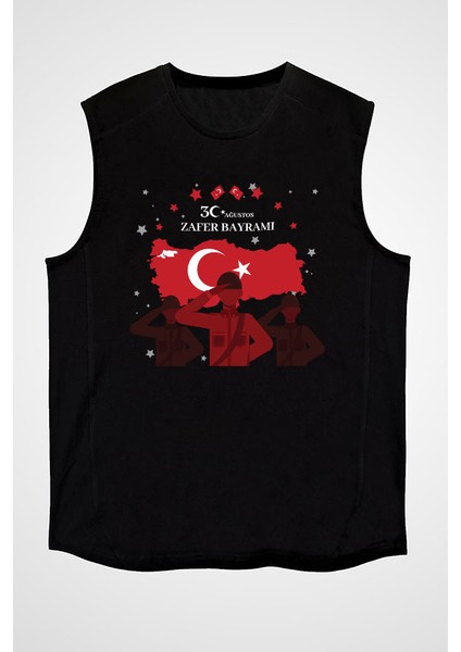 30 Ağustos Zafer Bayramı Siyah Unisex Kolsuz Tişört Kesik Kol T-Shirt