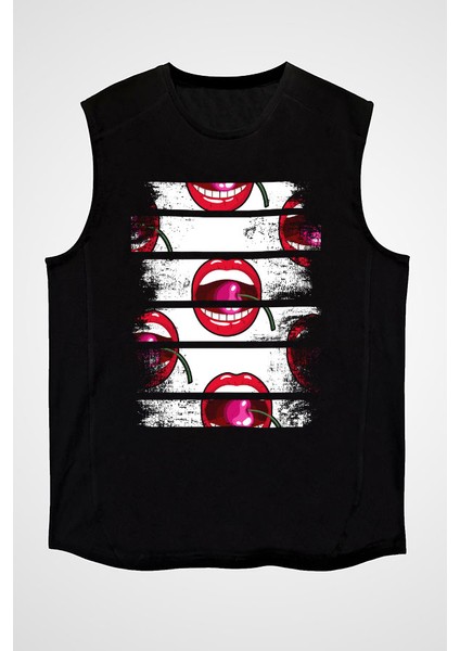 Kiraz Siyah Unisex Kolsuz Tişört Kesik Kol T-Shirt
