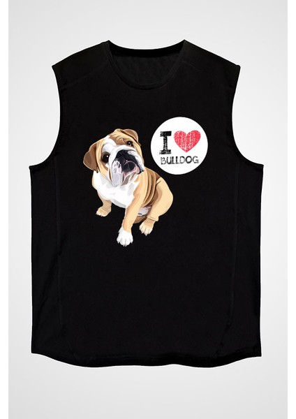 Buldog Seviyorum Siyah Unisex Kolsuz Tişört Kesik Kol T-Shirt