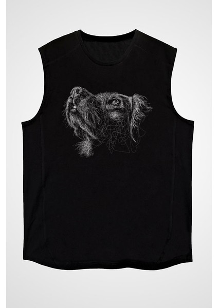 Golden Retriever Eskiz Siyah Unisex Kolsuz Tişört Kesik Kol T-Shirt