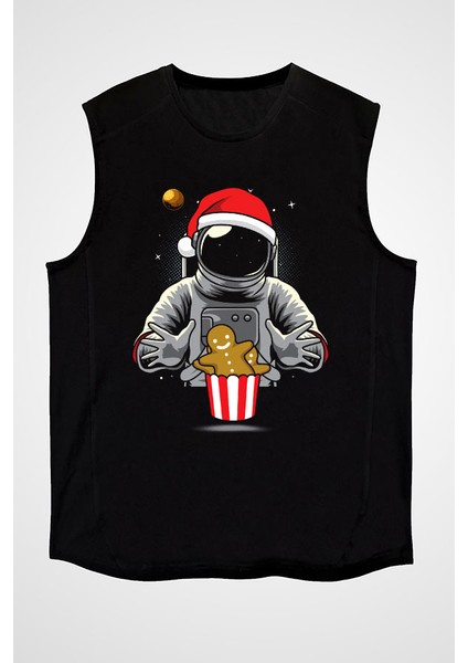 Yeni Yıl Yılbaşı Astronot Siyah Unisex Kolsuz Tişört Kesik Kol T-Shirt