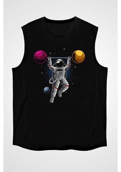 Halterci Astronot Siyah Unisex Kolsuz Tişört Kesik Kol T-Shirt