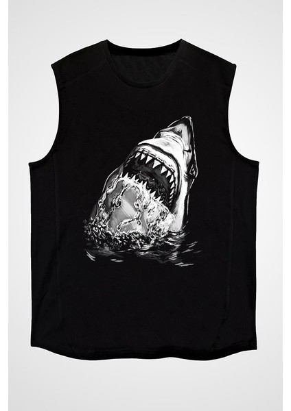 Köpek Balığı Siyah Unisex Kolsuz Tişört Kesik Kol T-Shirt