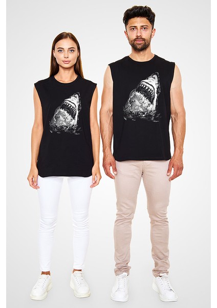 Köpek Balığı Siyah Unisex Kolsuz Tişört Kesik Kol T-Shirt fiyatları