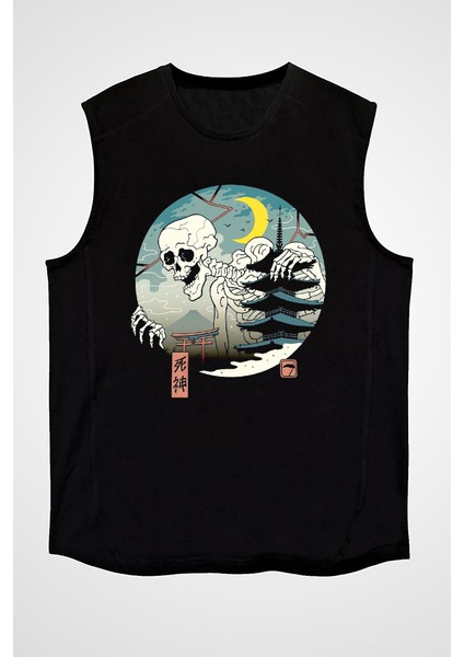 Japonya Kurukafa Siyah Unisex Kolsuz Tişört Kesik Kol T-Shirt