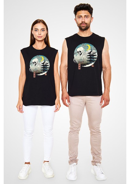 Japonya Kurukafa Siyah Unisex Kolsuz Tişört Kesik Kol T-Shirt fiyatları