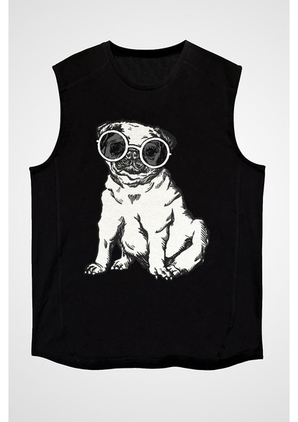 Güneş Gözlüklü Pug - Köpekler Siyah Unisex Kolsuz Tişört Kesik Kol T-Shirt