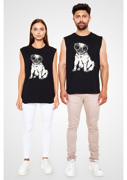 Güneş Gözlüklü Pug - Köpekler Siyah Unisex Kolsuz Tişört Kesik Kol T-Shirt fiyatları