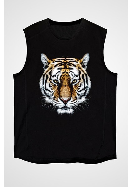 Kaplan Bakışı Siyah Unisex Kolsuz Tişört Kesik Kol T-Shirt