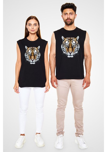 Kaplan Bakışı Siyah Unisex Kolsuz Tişört Kesik Kol T-Shirt fiyatları
