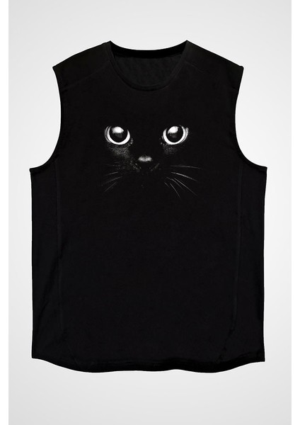 Kara Kedi Siyah Unisex Kolsuz Tişört Kesik Kol T-Shirt