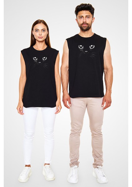 Kara Kedi Siyah Unisex Kolsuz Tişört Kesik Kol T-Shirt fiyatları