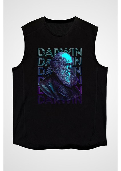 Charles Darwin Portre Siyah Unisex Kolsuz Tişört Kesik Kol T-Shirt