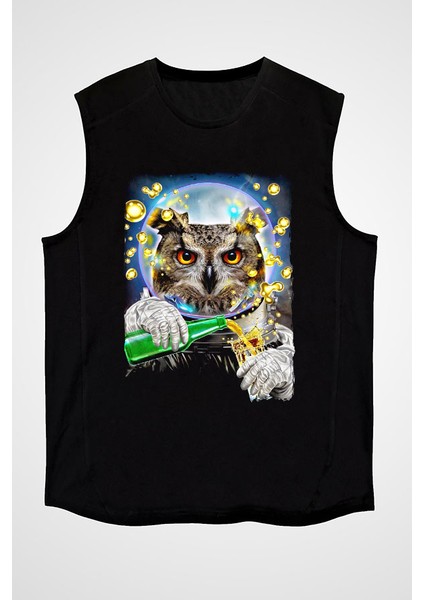 Astronot Baykuş Siyah Unisex Kolsuz Tişört Kesik Kol T-Shirt