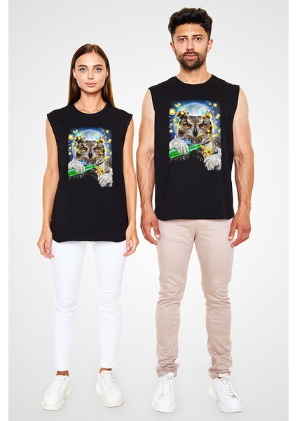 Astronot Baykuş Siyah Unisex Kolsuz Tişört Kesik Kol T-Shirt fiyatları