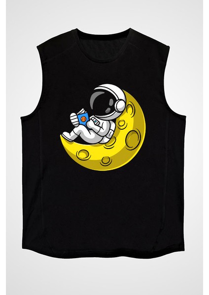 Ayda Kitap Okuyan Astronot Siyah Unisex Kolsuz Tişört Kesik Kol T-Shirt