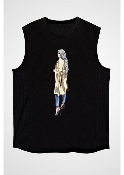 Trençkot Trendi Moda Siyah Unisex Kolsuz Tişört Kesik Kol T-Shirt