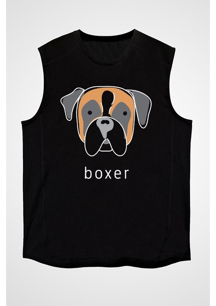 Boxer Köpek Siyah Unisex Kolsuz Tişört Kesik Kol T-Shirt