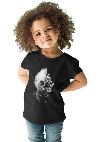 Einstein Portre Lıntı Siyah Unisex Çocuk Tişört T-Shirt