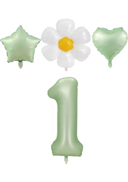1 Yaş Su Yeşili Renk Rakam Yıldız Kalp ve Papatya Folyo Balon Seti