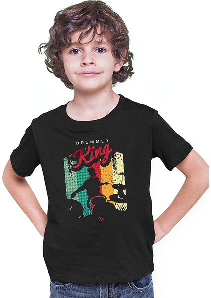Kral Baterist Siyah Unisex Çocuk Tişört T-Shirt