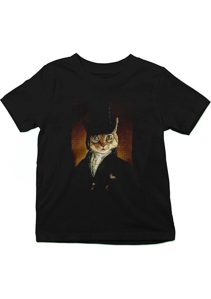 Retro Kedi Tablo Siyah Unisex Çocuk Tişört T-Shirt