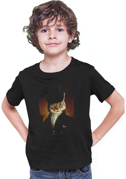 Retro Kedi Tablo Siyah Unisex Çocuk Tişört T-Shirt modelleri