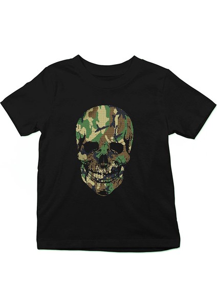Kamuflaj Asker Kurukafa Siyah Unisex Çocuk Tişört T-Shirt