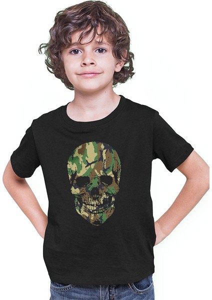 Kamuflaj Asker Kurukafa Siyah Unisex Çocuk Tişört T-Shirt