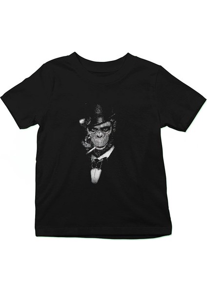 Sigara Içen Maymun Siyah Unisex Çocuk Tişört T-Shirt