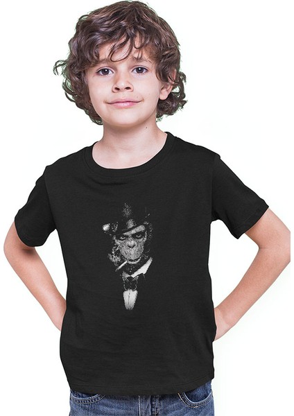 Sigara Içen Maymun Siyah Unisex Çocuk Tişört T-Shirt