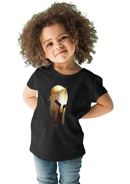 Spartalı Kaskı Siyah Unisex Çocuk Tişört T-Shirt