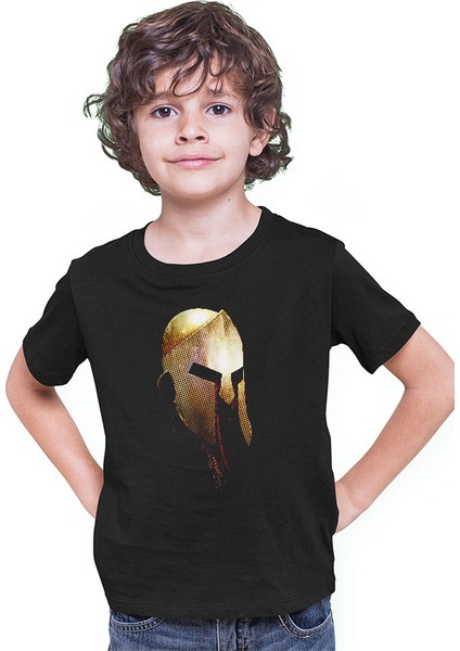 Spartalı Kaskı Siyah Unisex Çocuk Tişört T-Shirt modelleri