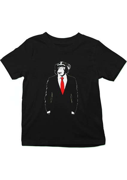 Takım Elbiseli Maymun Siyah Unisex Çocuk Tişört T-Shirt