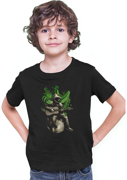 Gitarist Astronot Siyah Unisex Çocuk Tişört T-Shirt