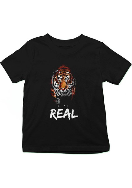 Real Stay Kaplan Siyah Unisex Çocuk Tişört T-Shirt