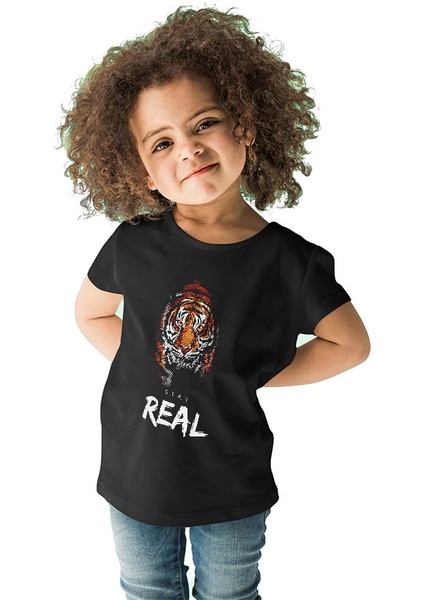 Real Stay Kaplan Siyah Unisex Çocuk Tişört T-Shirt