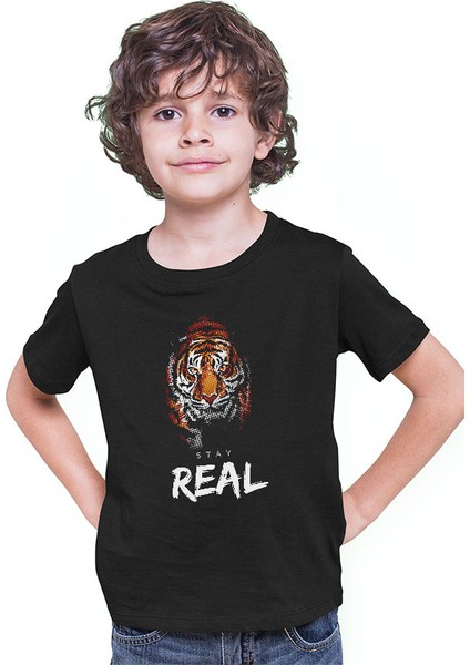 Real Stay Kaplan Siyah Unisex Çocuk Tişört T-Shirt