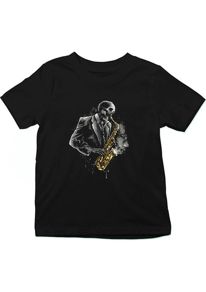 Saksafon Çalan Kurukafa Siyah Unisex Çocuk Tişört T-Shirt