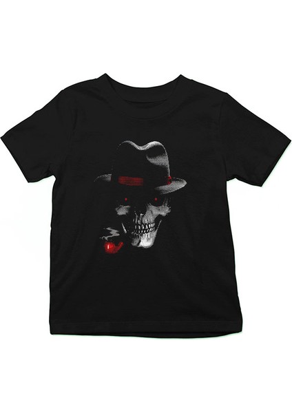 Pipo Içen Şapkalı Kurukafa Siyah Unisex Çocuk Tişört T-Shirt