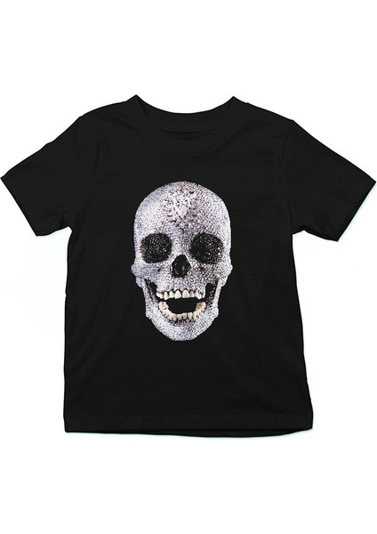 Pırlanta Taşlı Kurukafa Siyah Unisex Çocuk Tişört T-Shirt