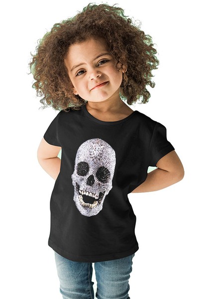 Pırlanta Taşlı Kurukafa Siyah Unisex Çocuk Tişört T-Shirt fiyatları