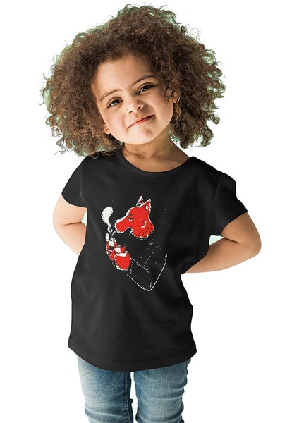 Sigara Içen Tilki Siyah Unisex Çocuk Tişört T-Shirt