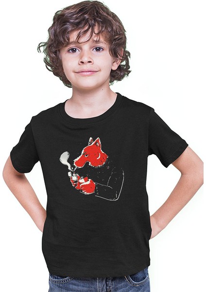 Sigara Içen Tilki Siyah Unisex Çocuk Tişört T-Shirt