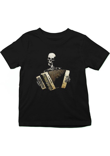 Akordiyon Çalan Kurukafa Siyah Unisex Çocuk Tişört T-Shirt