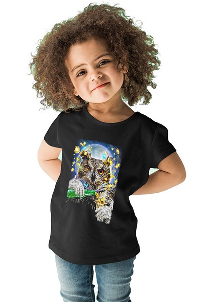 Astronot Baykuş Siyah Unisex Çocuk Tişört T-Shirt