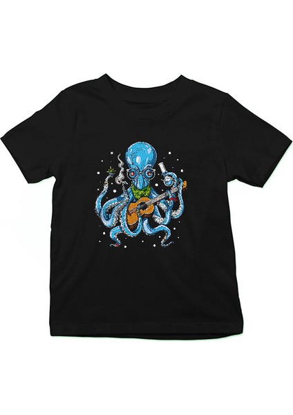 Gitarist Ahtapot Siyah Unisex Çocuk Tişört T-Shirt