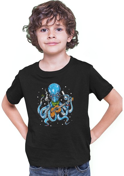 Gitarist Ahtapot Siyah Unisex Çocuk Tişört T-Shirt