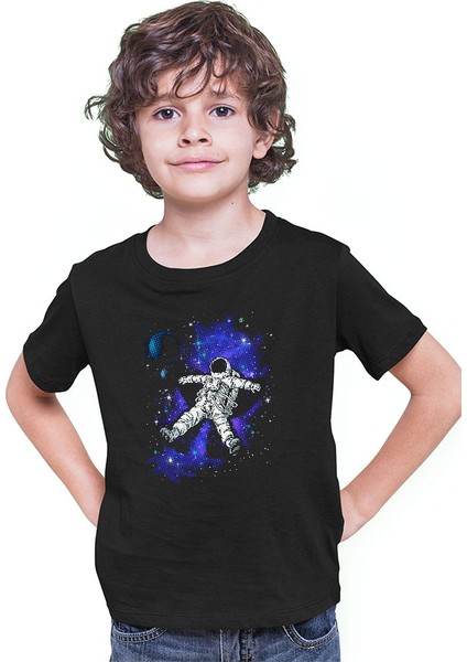 Uyuyan Astronot Siyah Unisex Çocuk Tişört T-Shirt