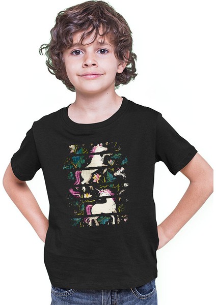 Unicorn At Siyah Unisex Çocuk Tişört T-Shirt modelleri